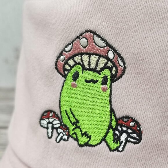 Embroidered Frog and Mushroom Bucket Hat Cotton Unisex Sun Cap for Outdoors - Picture 3 of 7